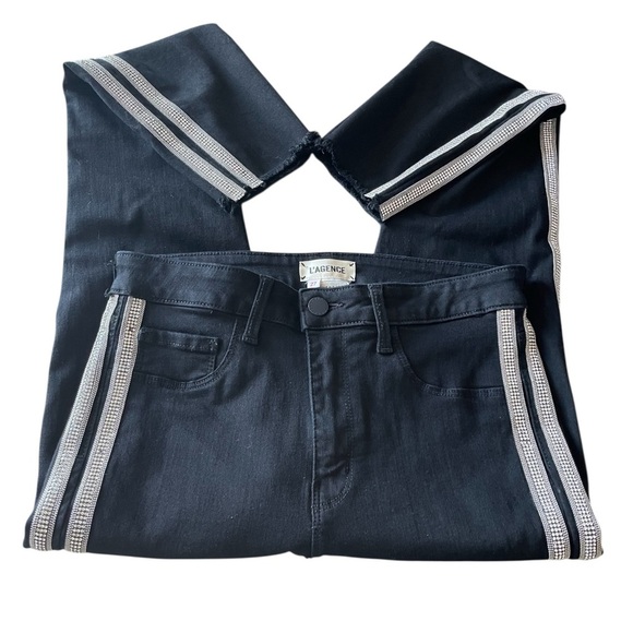 L’AGENCE MARGOT RHINESTONE STRIPED HIGH RISE CROPPED RAW HEM SKINNY JEANS SZ 27 - Picture 4 of 10